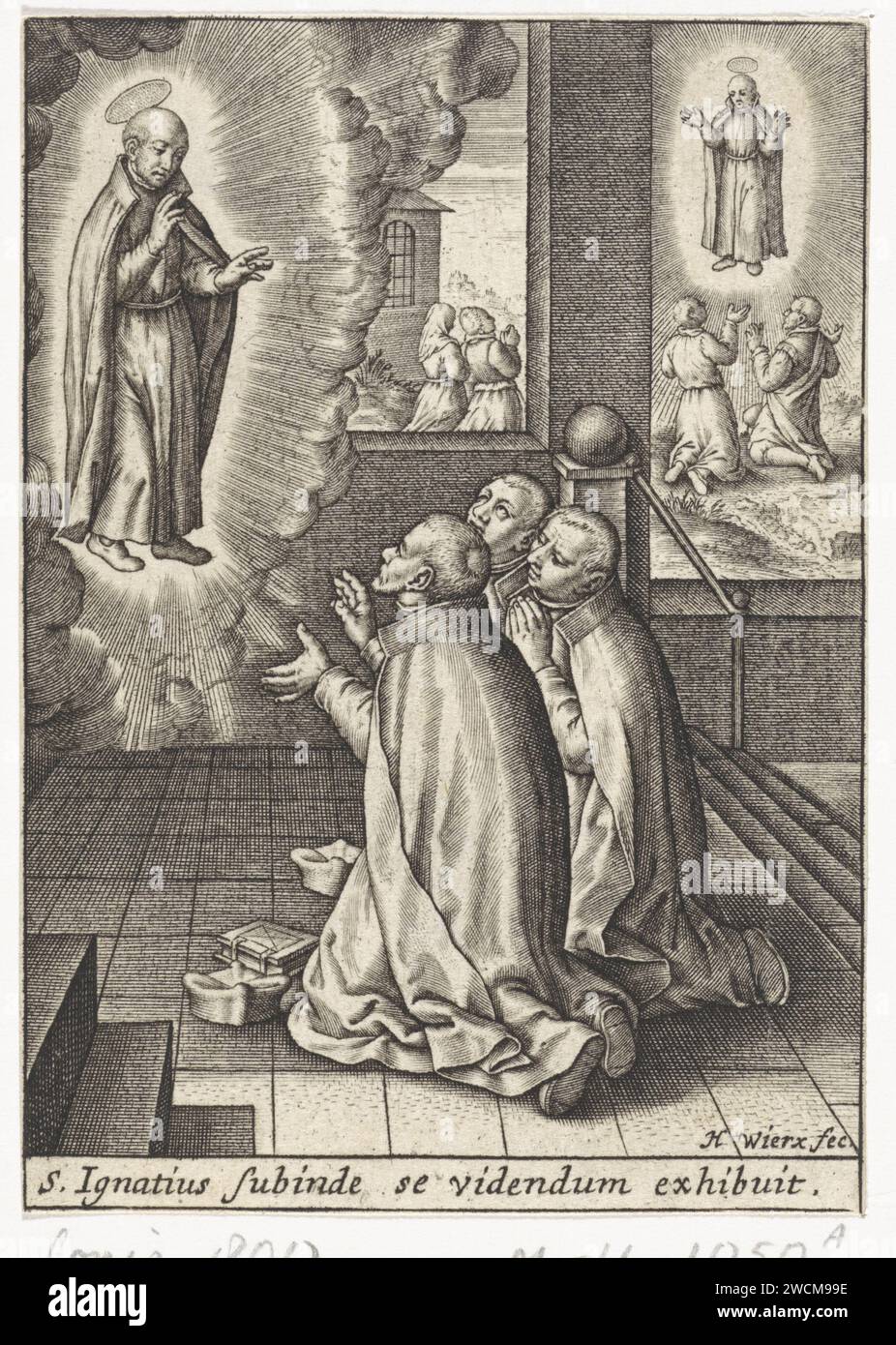 Appearance of Ignatius van Loyola to three Jesuiets, Hieronymus Wierix, After 1613 - 1619 print After his death, Ignatius van Loyola appears on three Jesuiets in a church. He appears in the background to believers who look up in worship. In the margin a caption in Latin. Antwerp paper engraving post-mortem occurrences  St. Ignatius - posthumous deeds, appearances of male saints Stock Photo