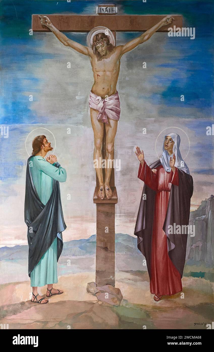 Gesù Cristo crocefisso con la Vergine e S.Giovanni Evangelista  - affresco - Gabriel Gatti -  1959 - Barco di Orzinuovi (Bs), chiesa parrocchiale di S Stock Photo