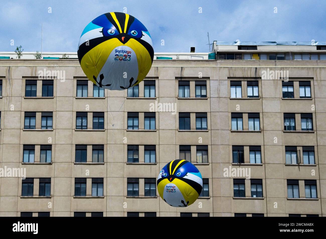 Santiago, Chile, Floating in Plaza de la Ciudadan’a is an Inflatable Fiu, Official Mascot of Santiago 2023 Parapan American Games, Stock Photo