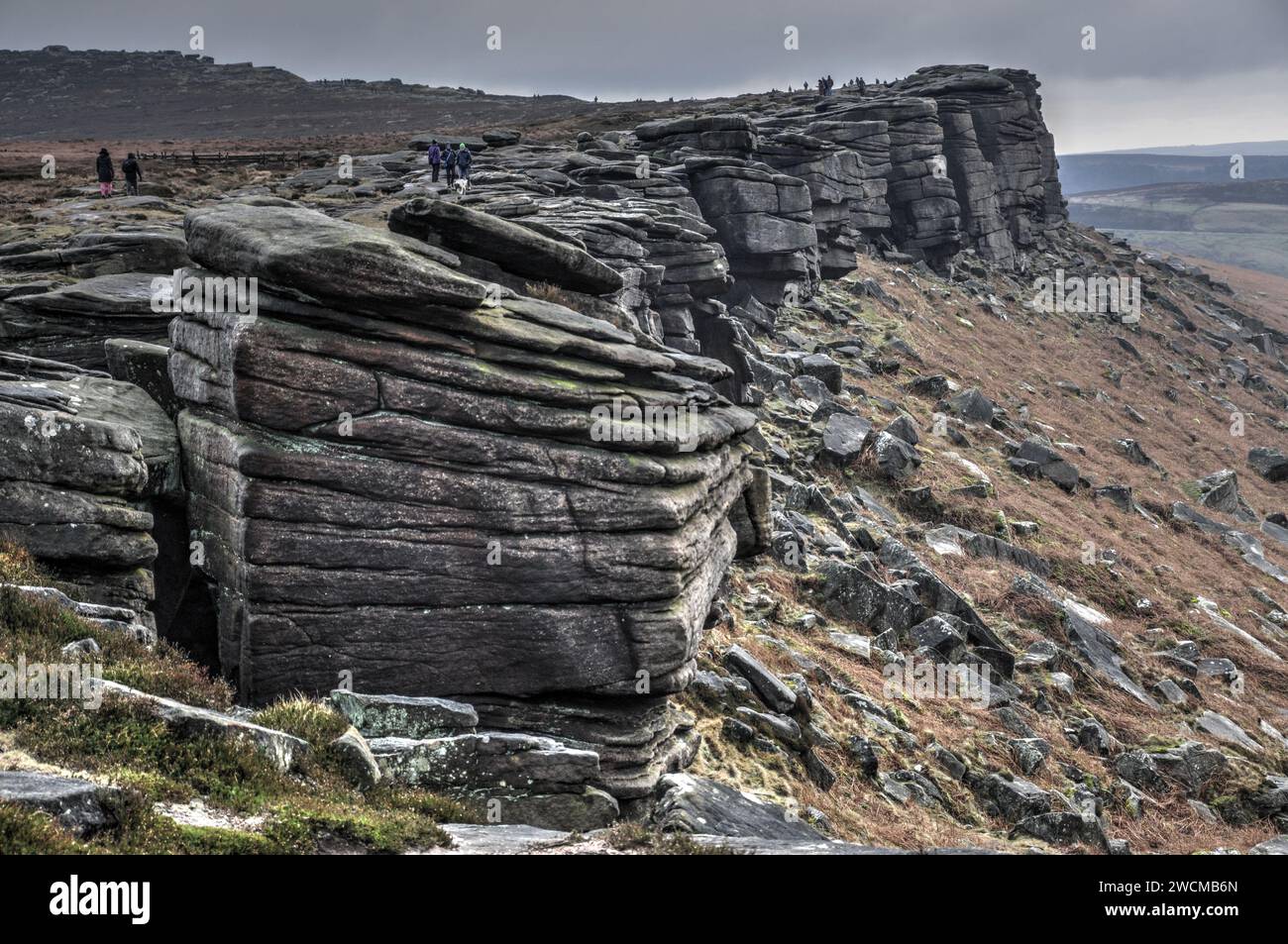 Stanage Edge, Derbyshire, a great place to climb or walk amongst eroded gritstone boulders Stock Photo