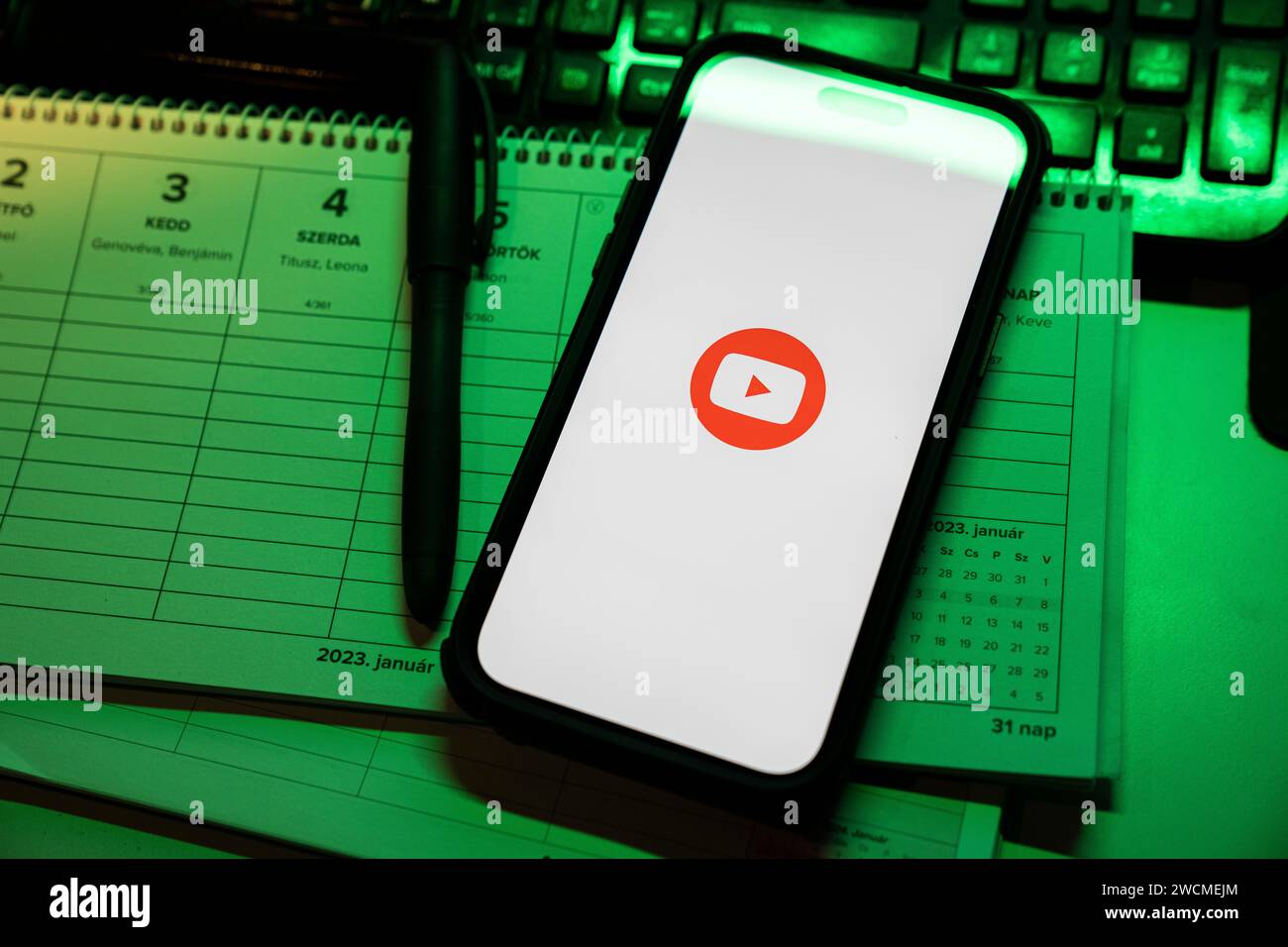 Apple iPhone 14 Pro Max smartphone with YOUTUBE logo. YouTube is a ...