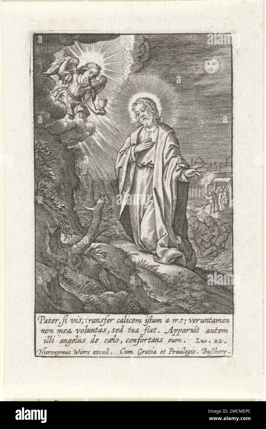 Christ in the court of Getsemane, Hieronymus Wierix, 1563 - Before 1619 print Christ prays in the court of Getsemane. An angel with a chalice appears from heaven. His students are sleeping in the background. Judas enters the garden through the gate and the soldiers points the place where Christ prays. In the margin a three -fitting Bible quote from Luc. 22 in Latin. Antwerp paper engraving Christ's prayer in the Garden of Gethsemane during the night Stock Photo