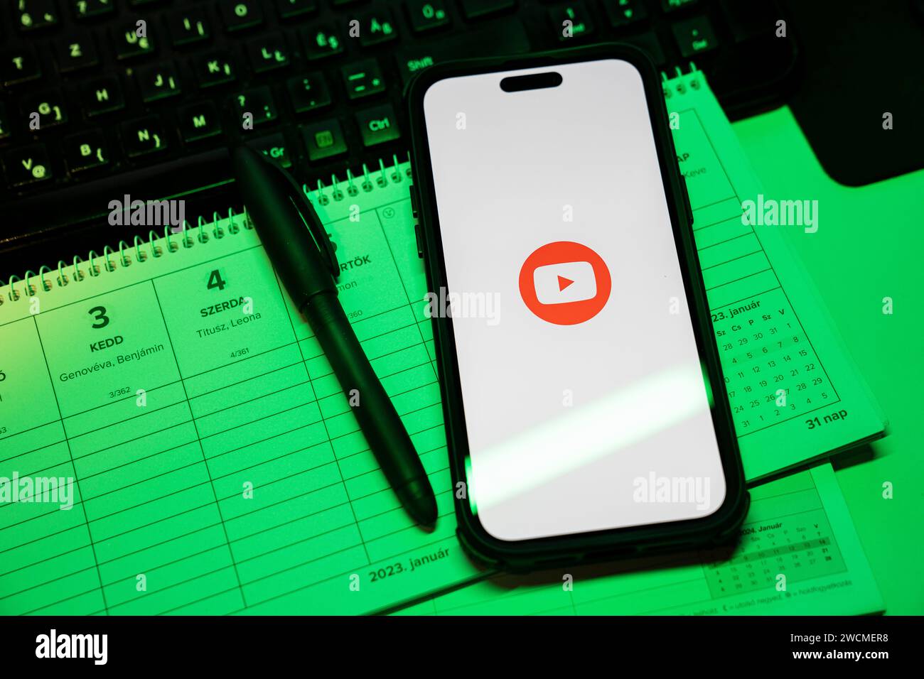 Apple iPhone 14 Pro Max smartphone with YOUTUBE logo. YouTube is a ...
