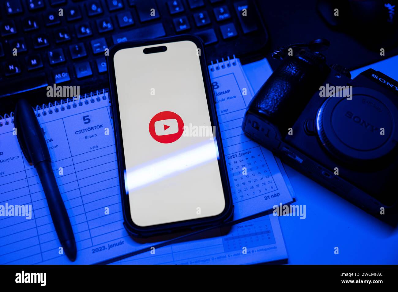 Apple iPhone 14 Pro Max smartphone with YOUTUBE logo. YouTube is a ...