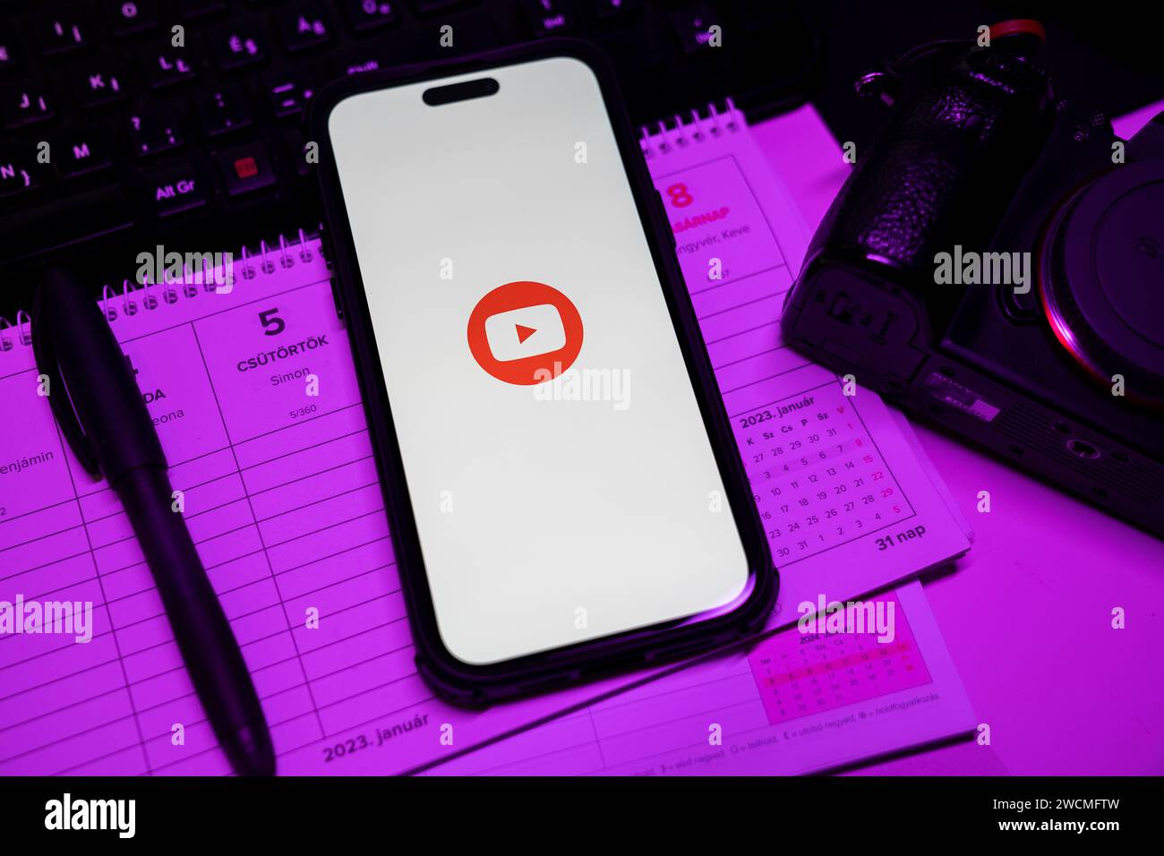 Apple iPhone 14 Pro Max smartphone with YOUTUBE logo. YouTube is a ...