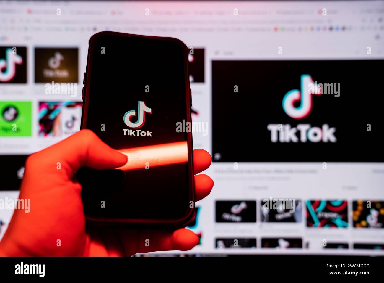 Hand holding a Apple iPhone 14 Pro Max smartphone with TIK TOK logo, it