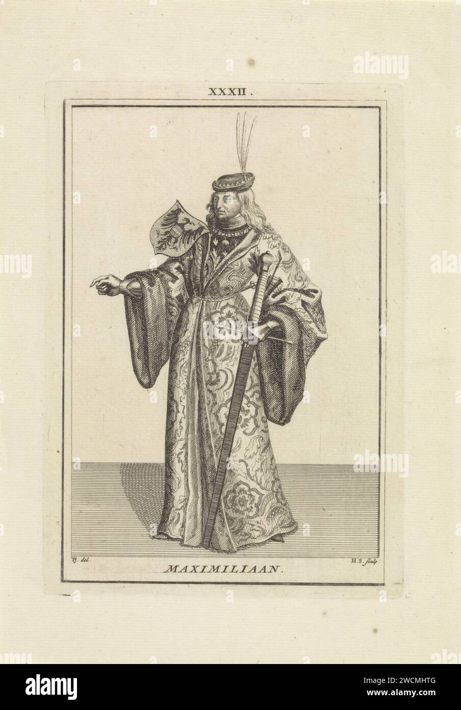 Portrait of Maximilian I van Habsburg (Roman-Germans Keizer), Hendrik Spilman, after Tako Hajo Jelgersma, after Anonymous, 1745 print Portrait of Maximilian I of Habsburg (Roman-German Emperor), standing to the left in a cloak. On his shoulder a coat of arms and a sword in his hand. In the middle of the top: XXV. Haarlem paper etching nobility and patriciate; chivalry, knighthood Stock Photo