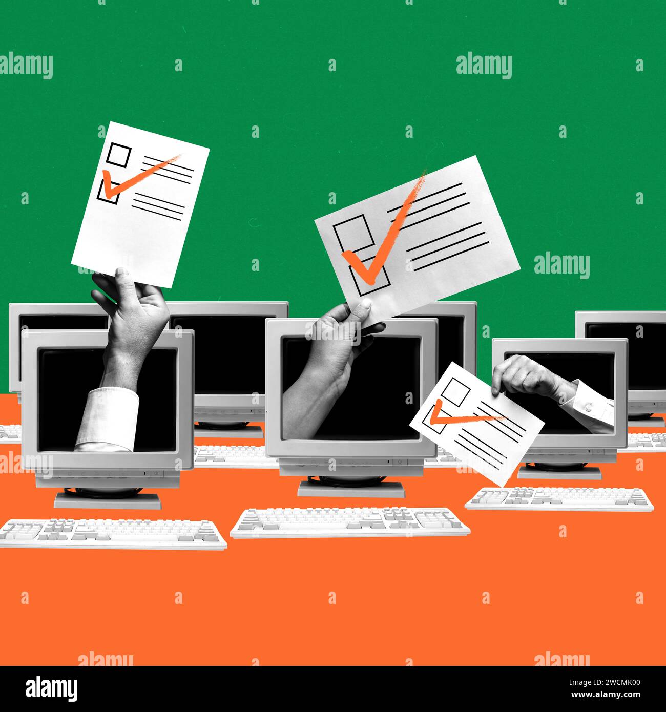Online voting system and analytics. Human hands with ballot papers with checkmark appearing from computer monitor. Contemporary art collage Stock Photo