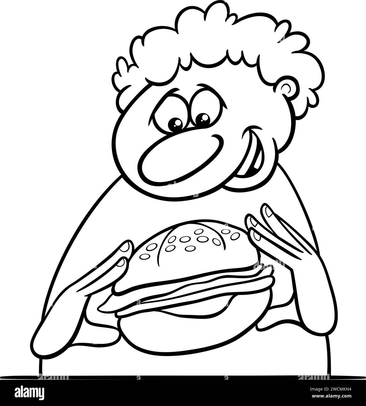 Cartoon illustration of a man eating a cheeseburger coloring page Stock Vector