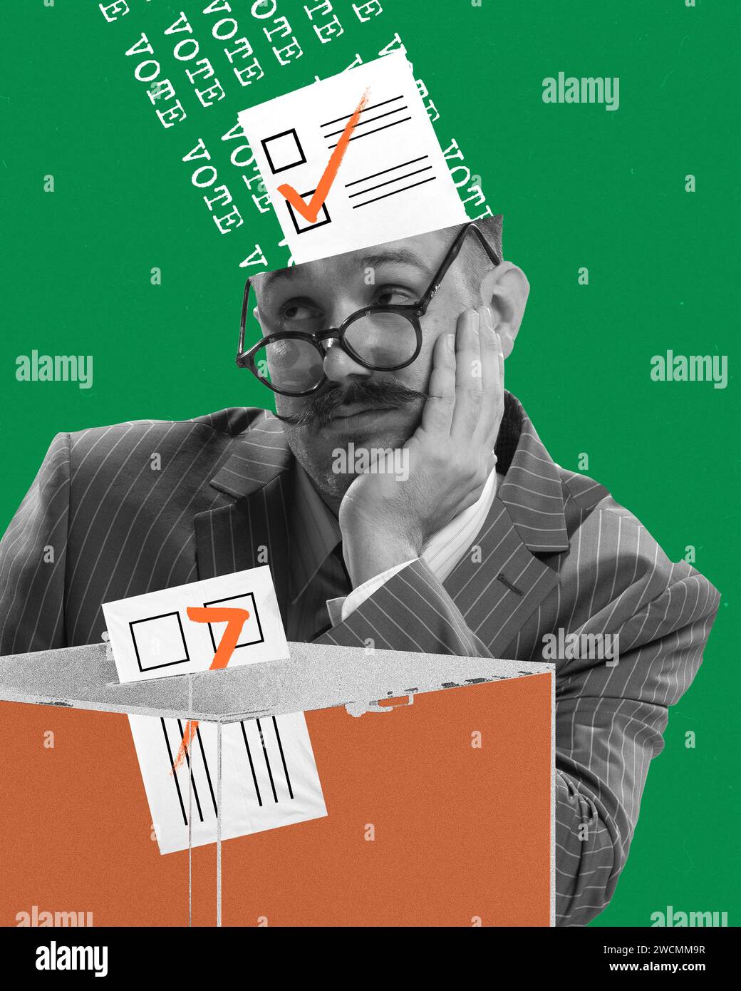 Man, candidate sitting with bored face. Ballot papers with checkmark. Candidate for president. Contemporary art collage Stock Photo