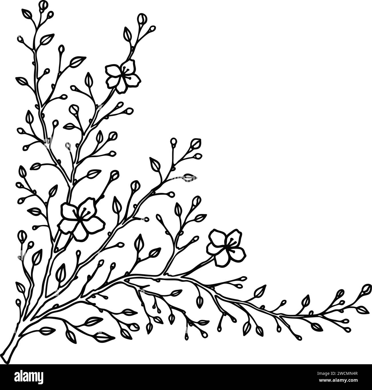 Hand drawn linear flowering spring branch. Minimal floral logo design element. Plant simple drawing for wedding invitation, tattoo, vintage designs, s Stock Vector
