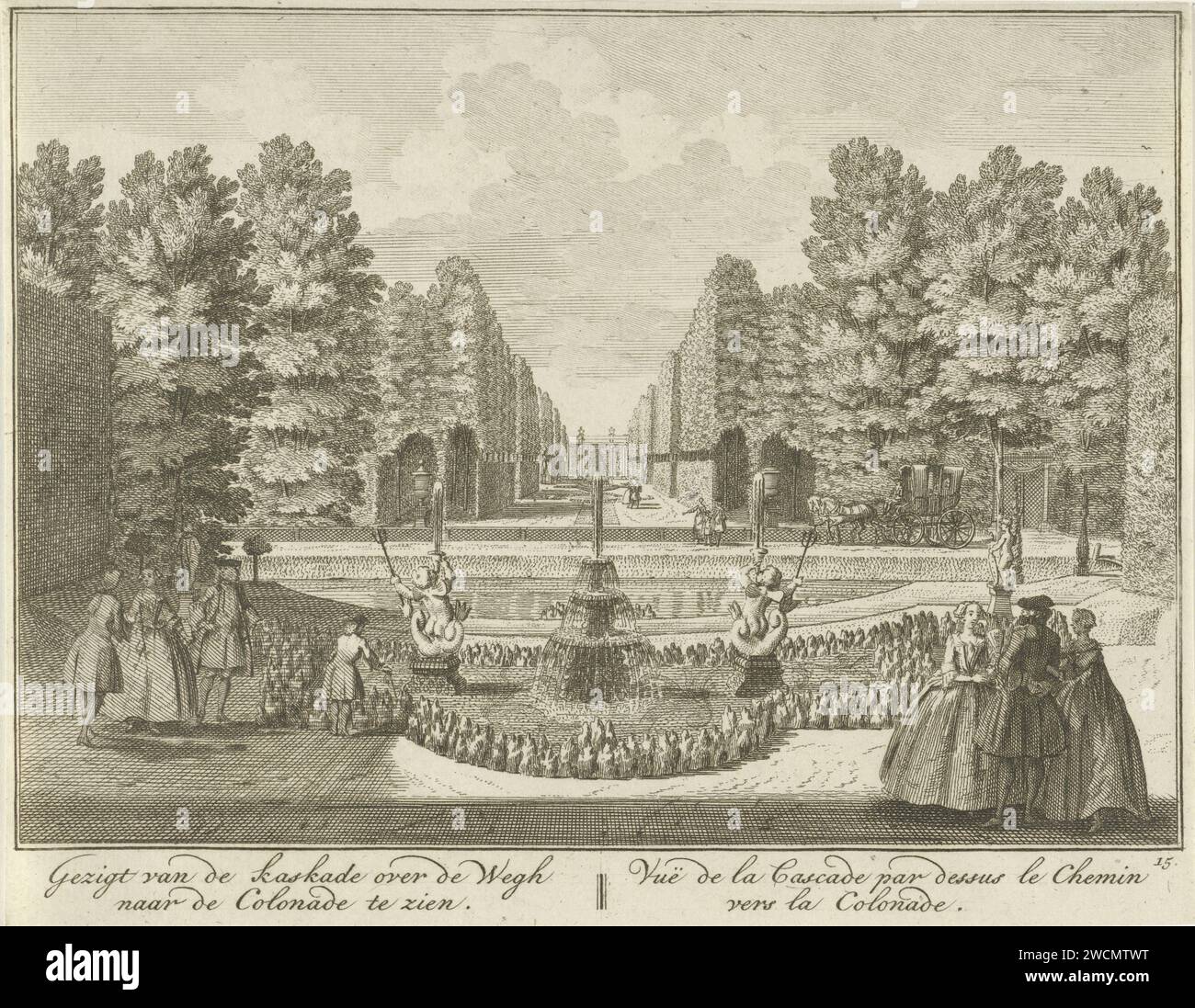 View of the pond towards the colonnade in the garden of Huis ter Meer in Maarssen, Hendrik de Leth, c. 1740 print View on the pond towards the colonnade in the French garden of Huis ter Meer. There are two groups of conversing figures in the foreground. The print is part of a series with 26 faces at Huis ter Meer and the accompanying estate in Maarssen.  paper etching country-house. French or architectonic garden; formal garden. garden fountain House Ter Meer Stock Photo