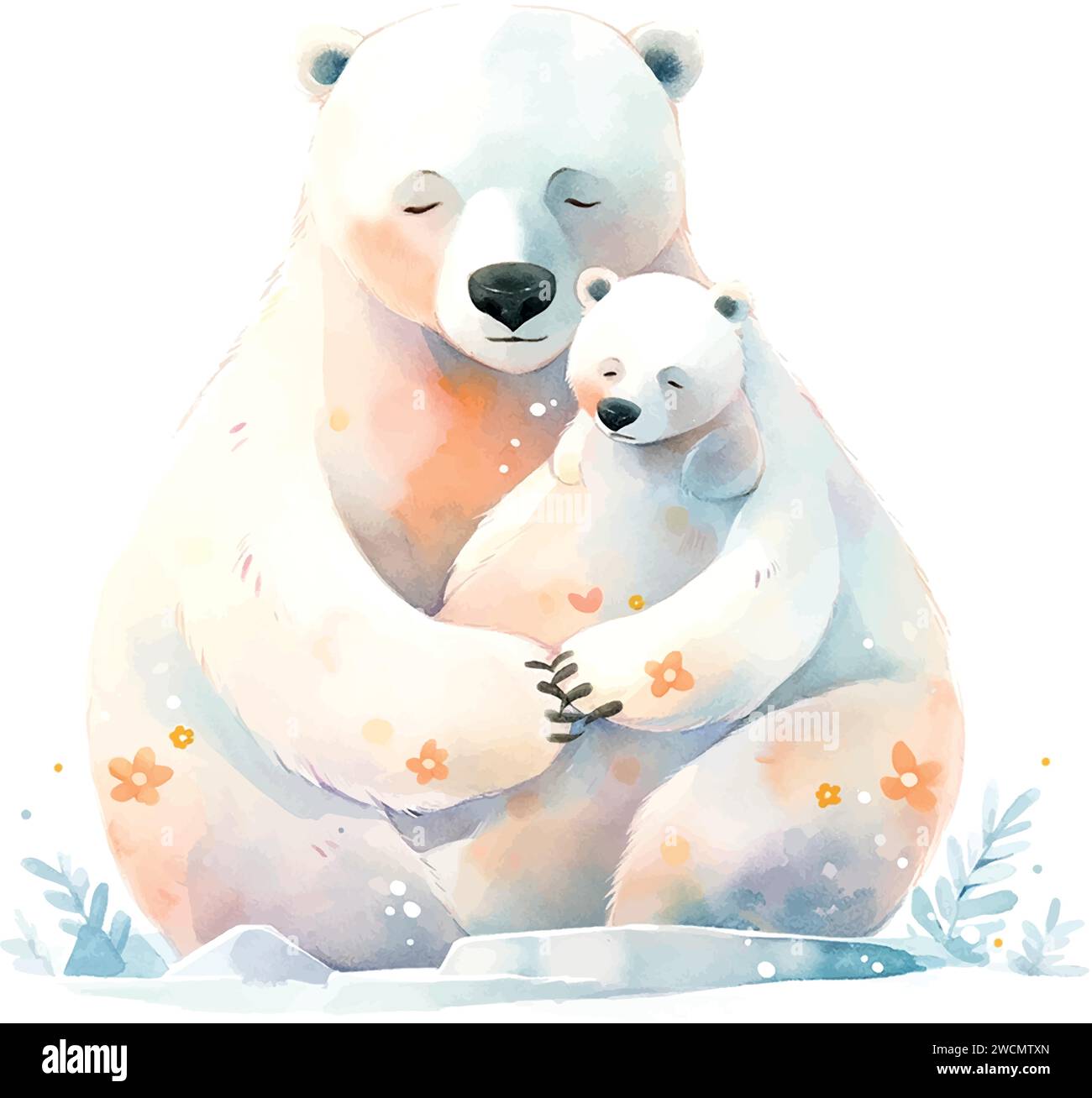 cute polar bear with mother watercolor children's book illustration style on white Stock Vector