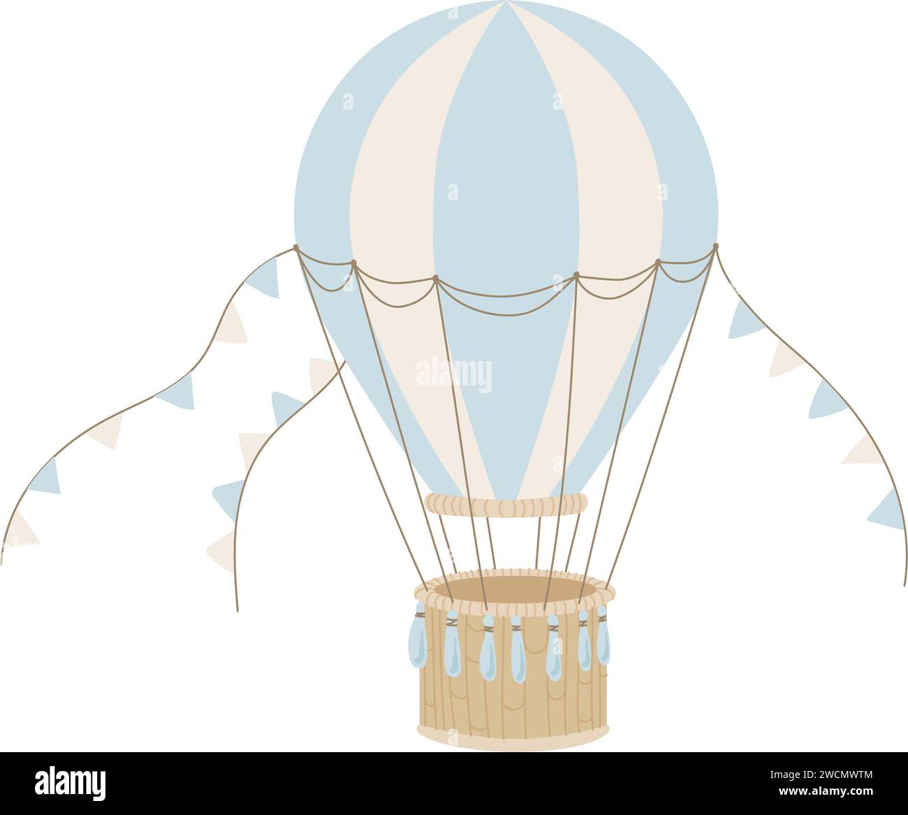 Blue hot Air Balloon vector illustration for Baby shower. Vintage hand drawn aircraft with pennants for Children party or kids cards in cartoon style. Drawing of old retro aircraft for childish design Stock Vector