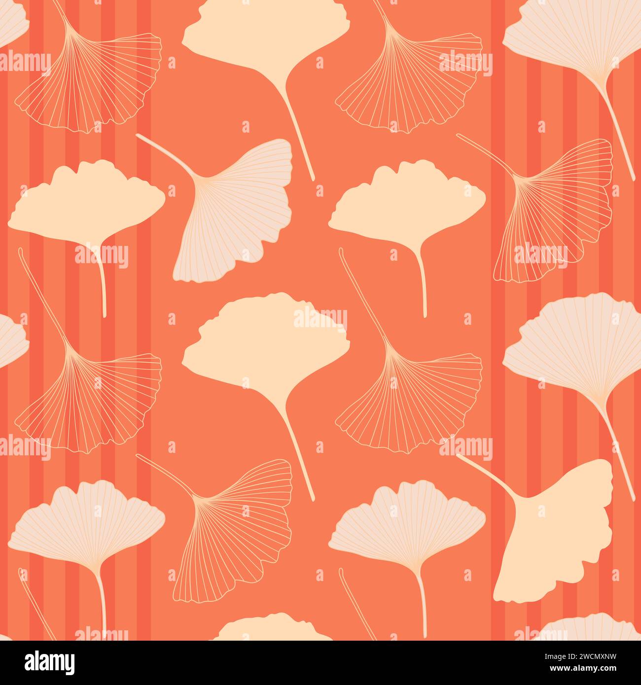 Ginkgo plant seamless pattern in trendy 2024 peach fuzz color palette. Ginkgo biloba tree leaf outlines, silhouettes, vector illustration. Floral repe Stock Vector