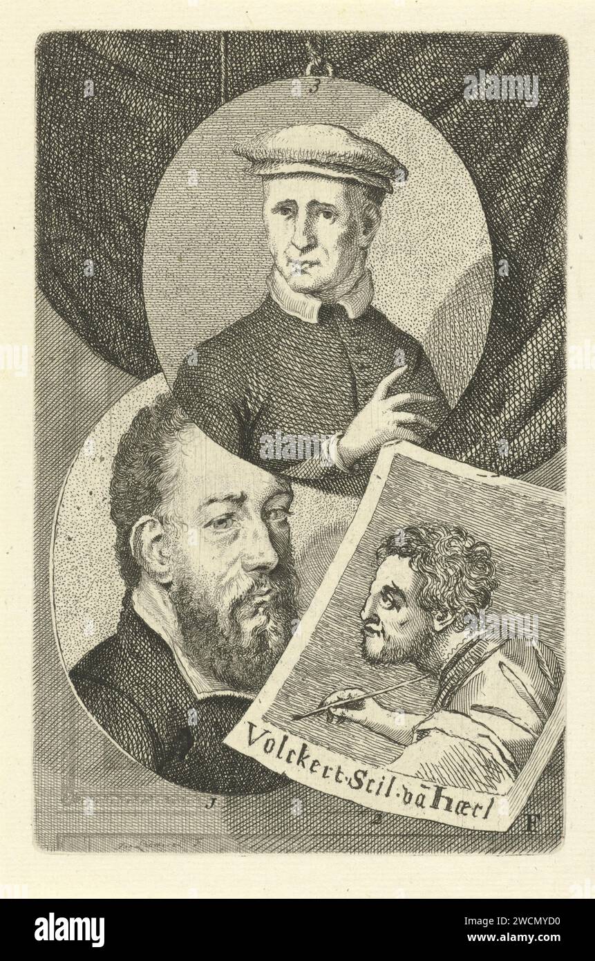 Portraits of Lambertus Suavius, Volckert Claesz. and Dirck Jacobsz., Jan l'Admiral, 1764 print Three numbered artist portraits. Portrait of Lambertus Suavius (no. 1), Volckert Claesz. (No. 2) and Dirck Jacobsz. (No. 3). Print at the bottom right marked: F.  paper etching Stock Photo
