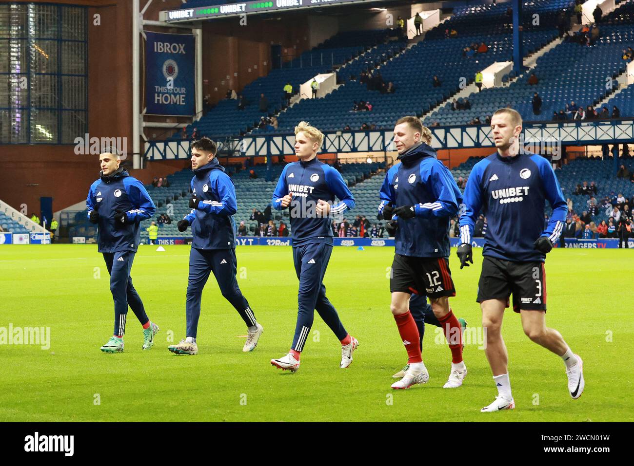 Copenhagen Players Warm Up Ahead Of A Friendly Match At The Ibrox Stadium Glasgow Picture Date Tuesday January 16 2024 2WCN01W 