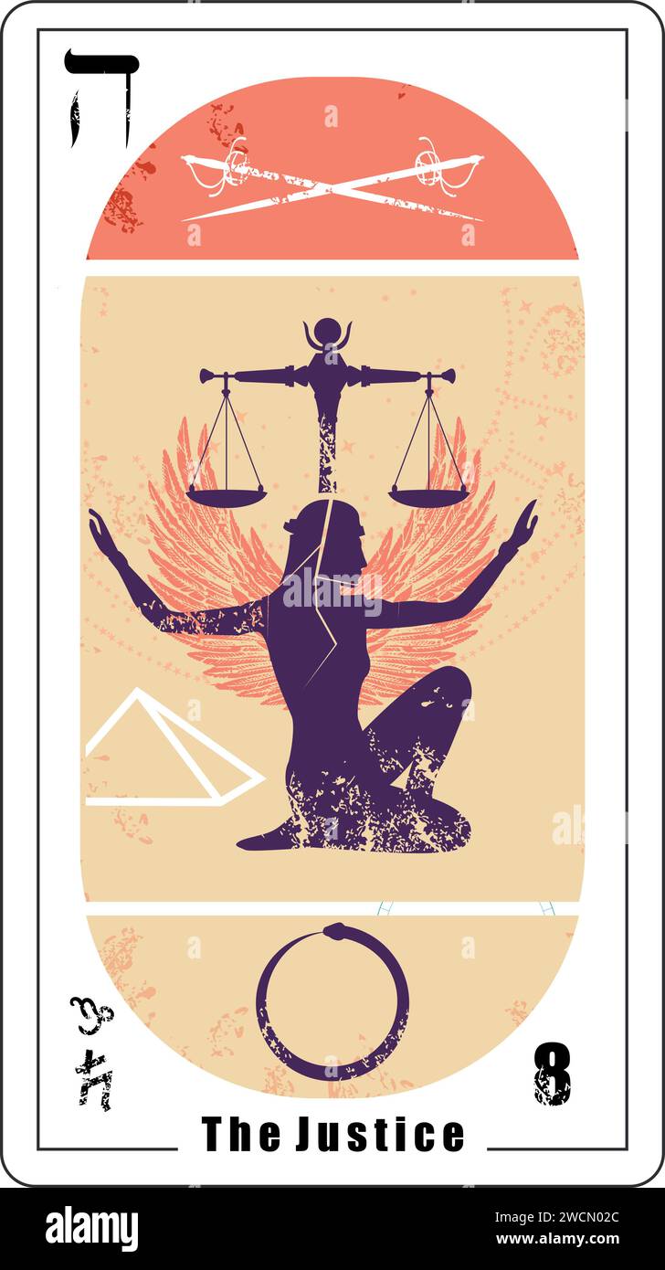 Tarot card number eight, called Justice. Silhouette of woman with open arms and a scale. Egyptian Stock Vector