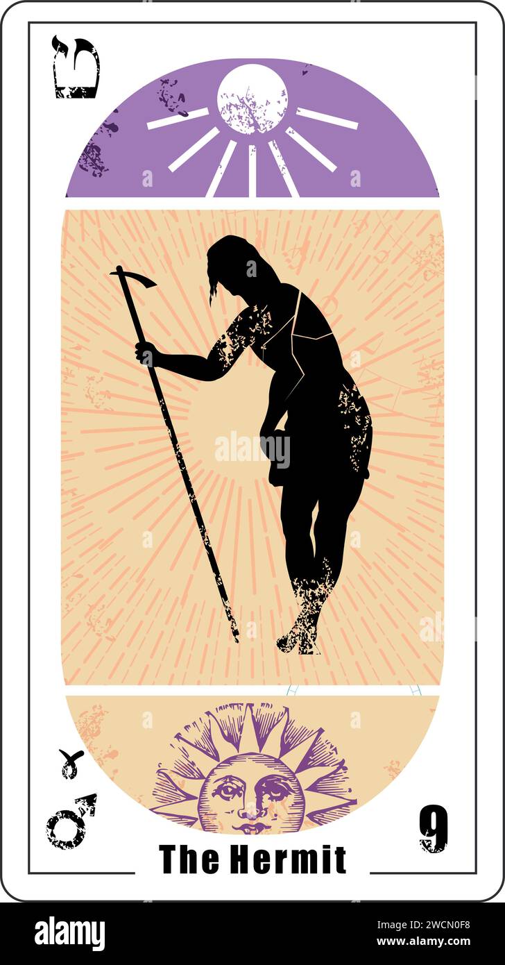 Egyptian tarot card number nine, called the hermit. Silhouette of Jesus by Titian in white. Stock Vector