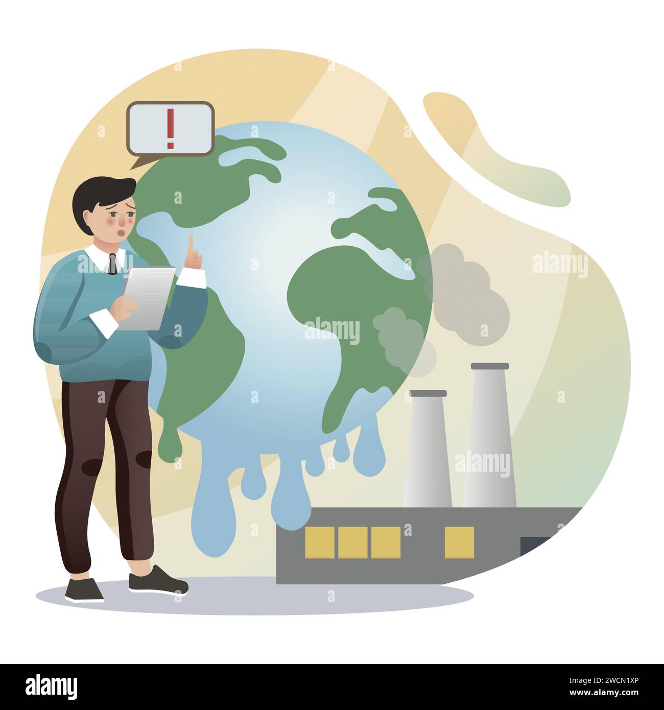 Global warming illustration. Man, earth, factory. Editable vector graphic design. Stock Vector