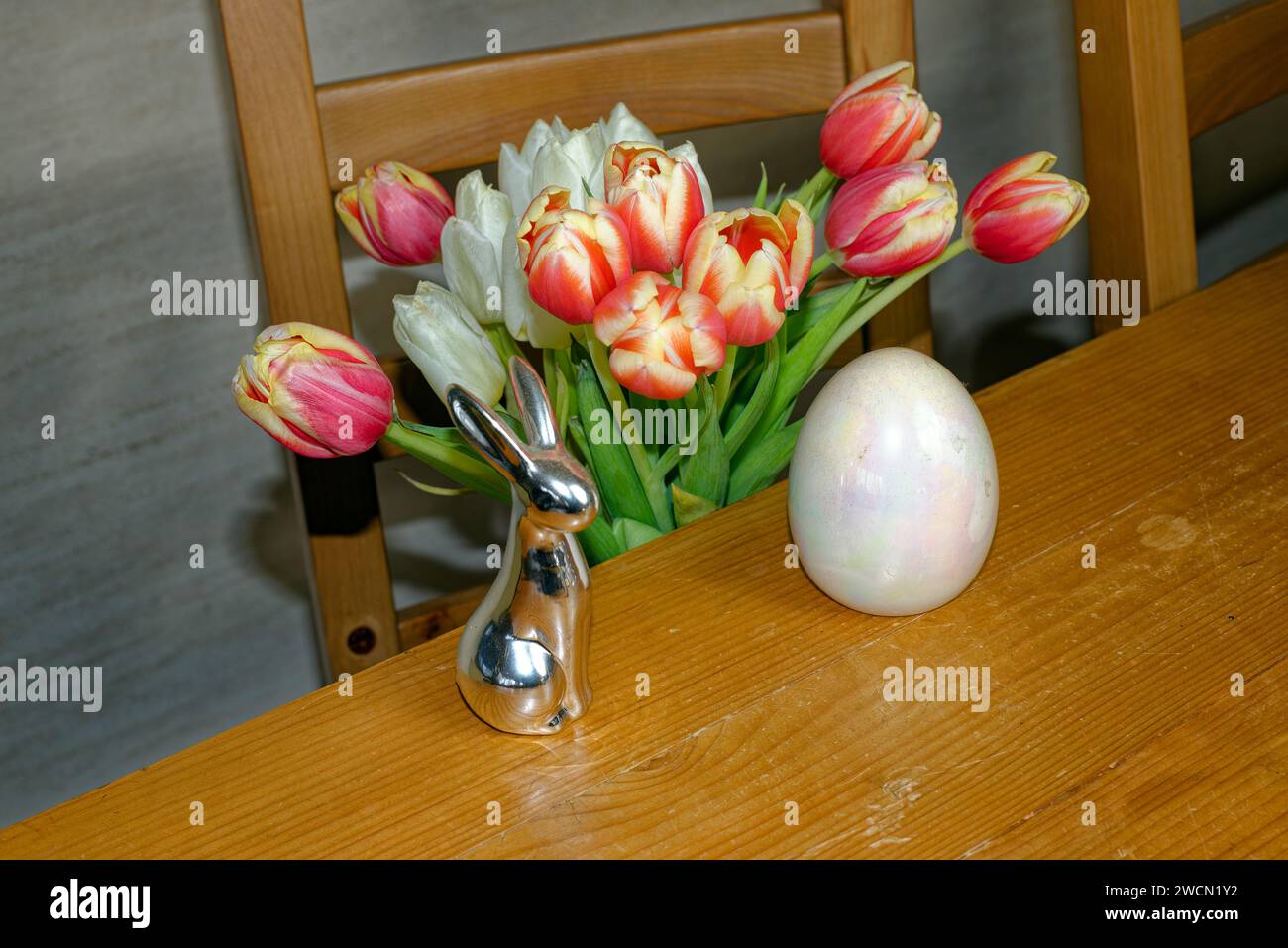 Decoration for Easter: Easter bunny figures and various Easter eggs Stock Photo