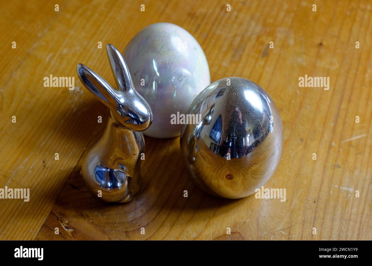 Decoration for Easter: Easter bunny figures and various Easter eggs isolated , as background Stock Photo