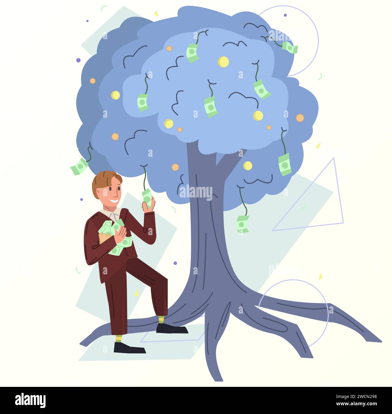 Income illustration. Man, tree, money. Editable vector graphic design. Stock Vector
