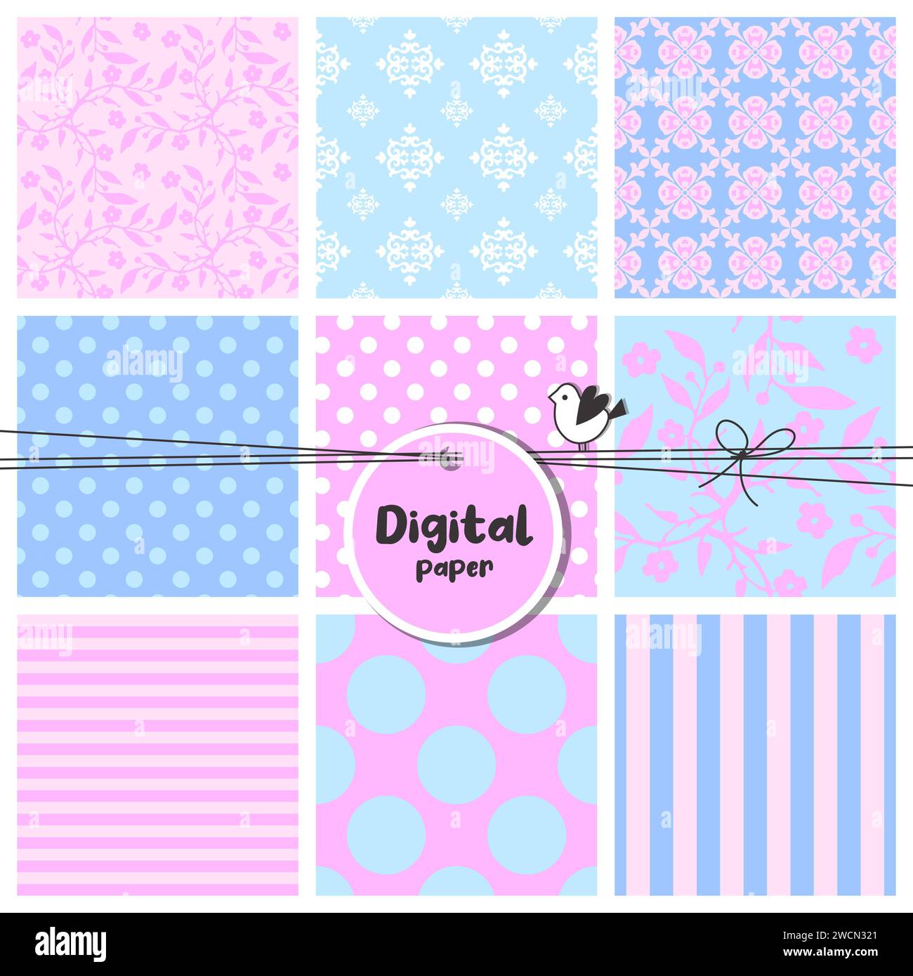 Set of colorful decorative papers, seamless patterns, flowers, dots