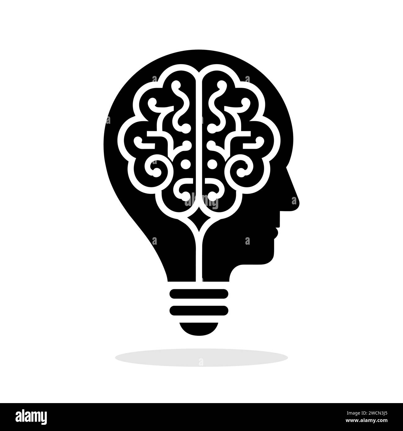 Black silhouette of a human head with a brain-shaped light bulb on a ...