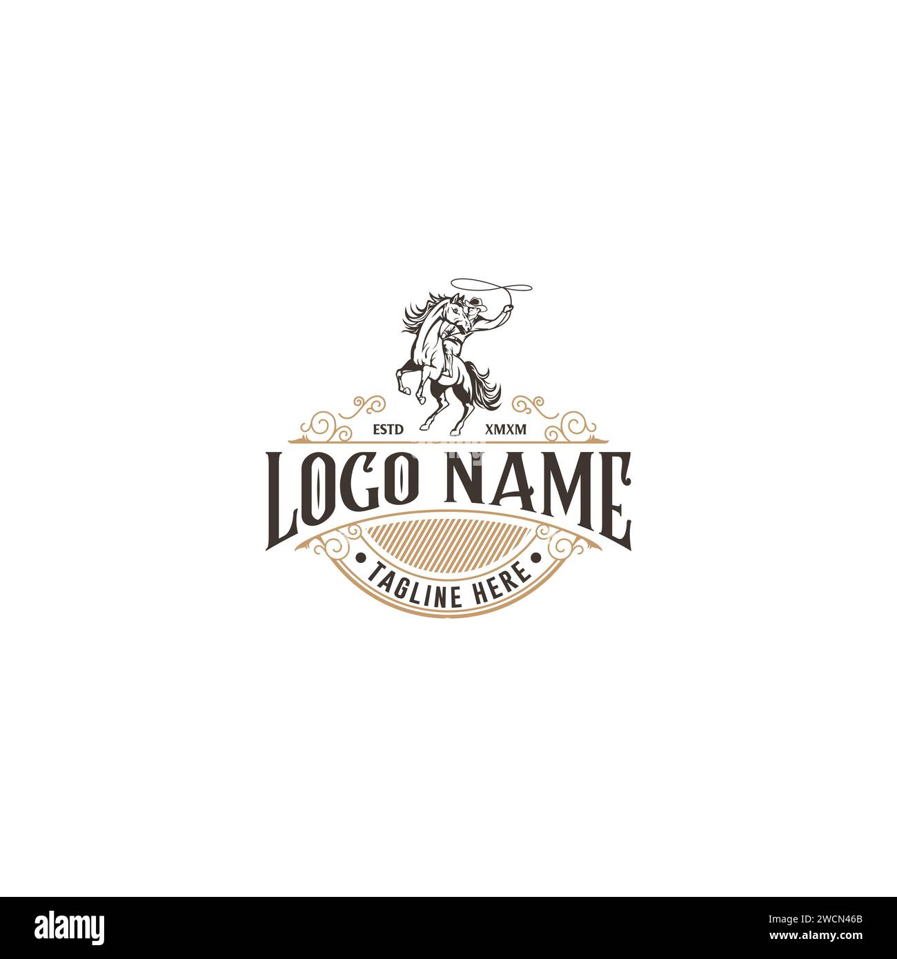 Vintage retro texas rodeo cowboy riding horse monochrome logo design template Stock Vector