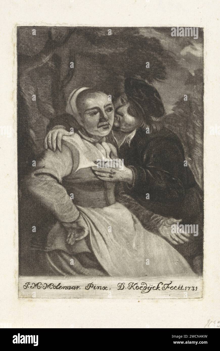 Man embraces a woman, Dirk Koedijck, after Jan Miense Molenaer, 1731 print A man embraces a woman and gives her a kiss on the cheek. She holds her hand. Zaandam paper engraving embracing each other, kissing Stock Photo