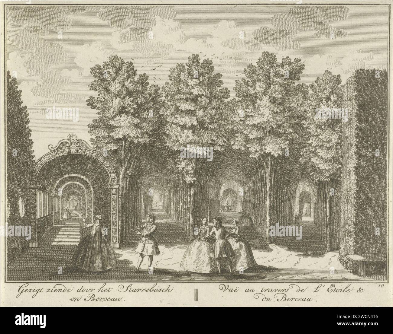 View of the Sterrenbos in the garden of Huis ter Meer in Maarssen, Hendrik de Leth, c. 1740 print View of the star forest in the French garden of Huis ter Meer in Maarssen. Figures walk in the foreground, a berceau on the left. The print is part of a series with 26 faces at Huis ter Meer and the accompanying estate in Maarssen.  paper etching country-house. French or architectonic garden; formal garden House Ter Meer Stock Photo