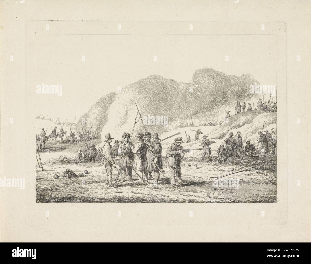 Camping of Burgers in Duinen van Noord-Holland, January 19, 1814, Pieter Gerardus van Os, 1814 print Camping of different armed citizens in Duinen van Noord-Holland, January 19, 1814. Groups stand or sit around a campfire. Possibly armed Gooise farmers who keep watch outside Naarden. Netherlands paper etching (military) camp with tents. dunes (sea not visible); in the dunes North Holland Stock Photo