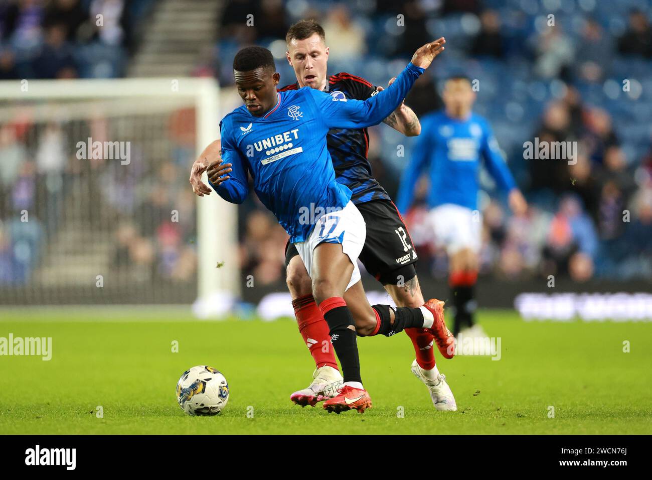 Rangers’ Rabbi Matondo (left) and FC Copenhagen's Lukas Lerager battle for the ball during a friendly match at the Ibrox Stadium, Glasgow. Picture date: Tuesday January 16, 2024. Stock Photo