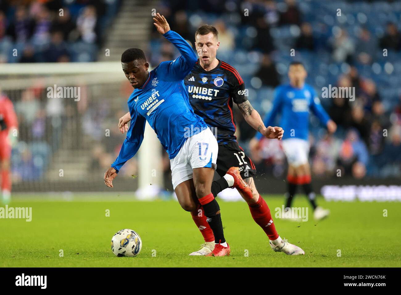 Rangers’ Rabbi Matondo (left) and FC Copenhagen's Lukas Lerager battle for the ball during a friendly match at the Ibrox Stadium, Glasgow. Picture date: Tuesday January 16, 2024. Stock Photo