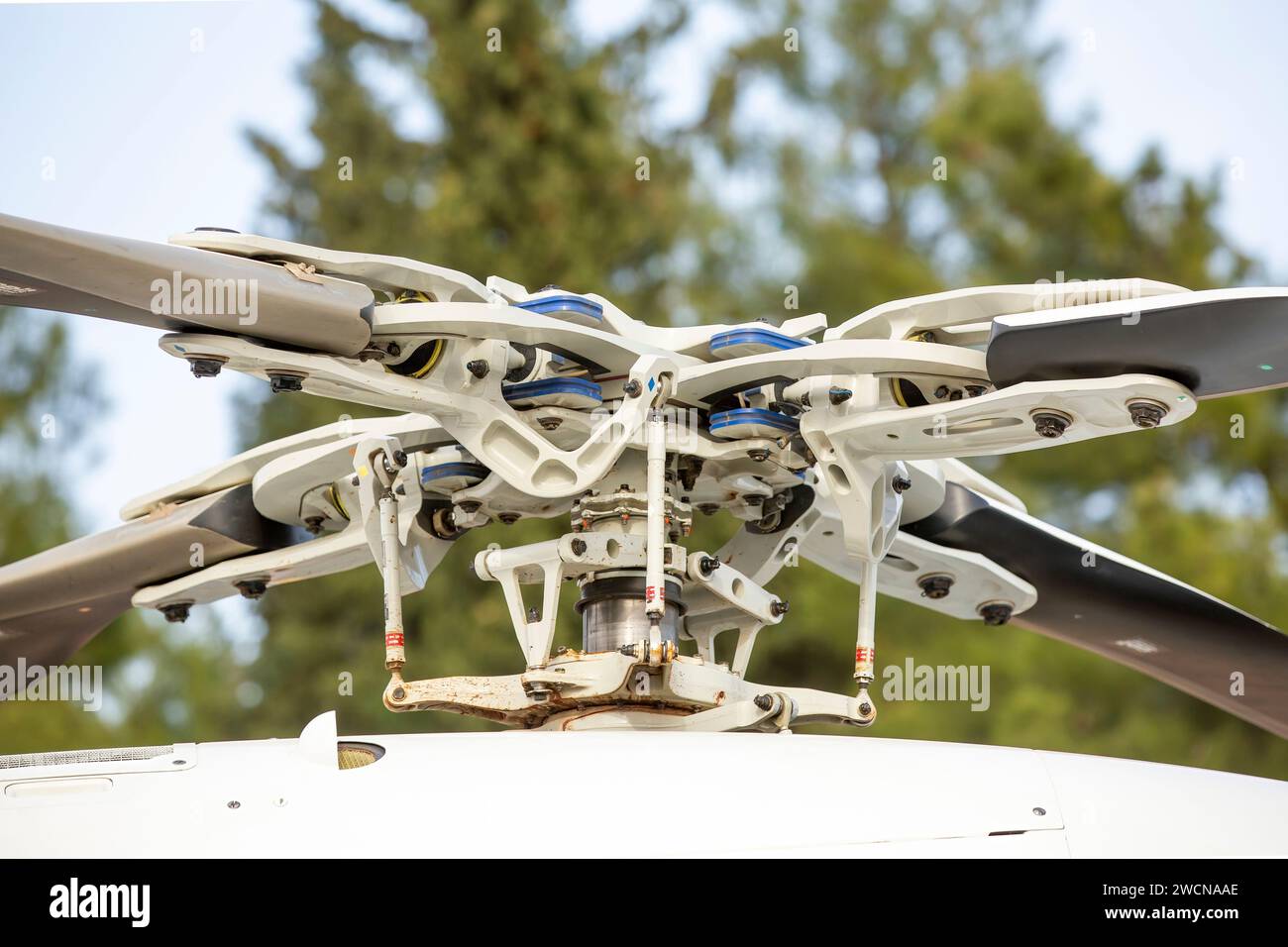 A modern helicopter details the propeller and engine. Helicopter rotor
