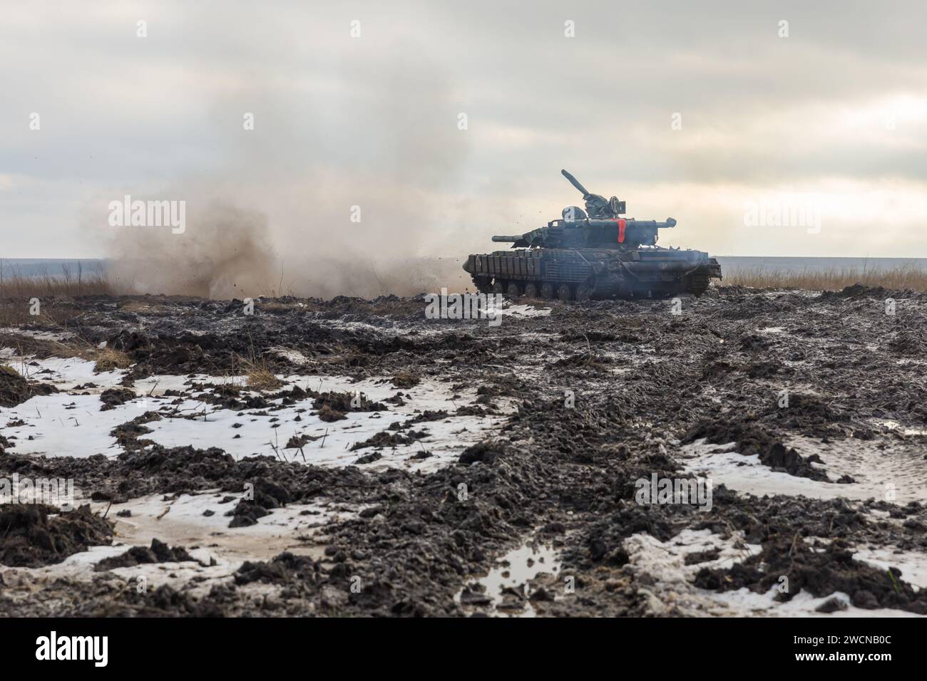 A tank is seen in the roadless area going on a combat mission. Tank battalion of the 41st Mechanized Brigade of the Armed Forces of Ukraine in Kharkiv region, Ukraine. The war of the Russian Federation against Ukraine has been going on for 2 years now. Ukrainian troops are courageously defending their country. (Photo by Mykhaylo Palinchak / SOPA Images/Sipa USA) Stock Photo