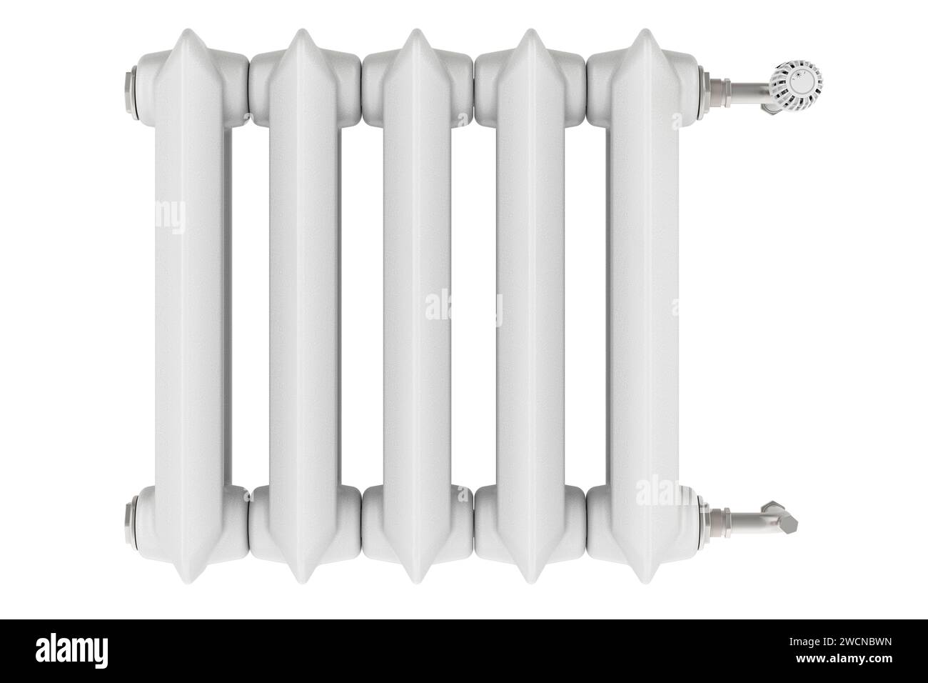 Cast iron heating radiator with temperature control valve, 3D rendering