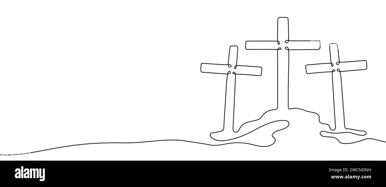 Three Calvary crosses one continuous line vector illustration Stock Vector