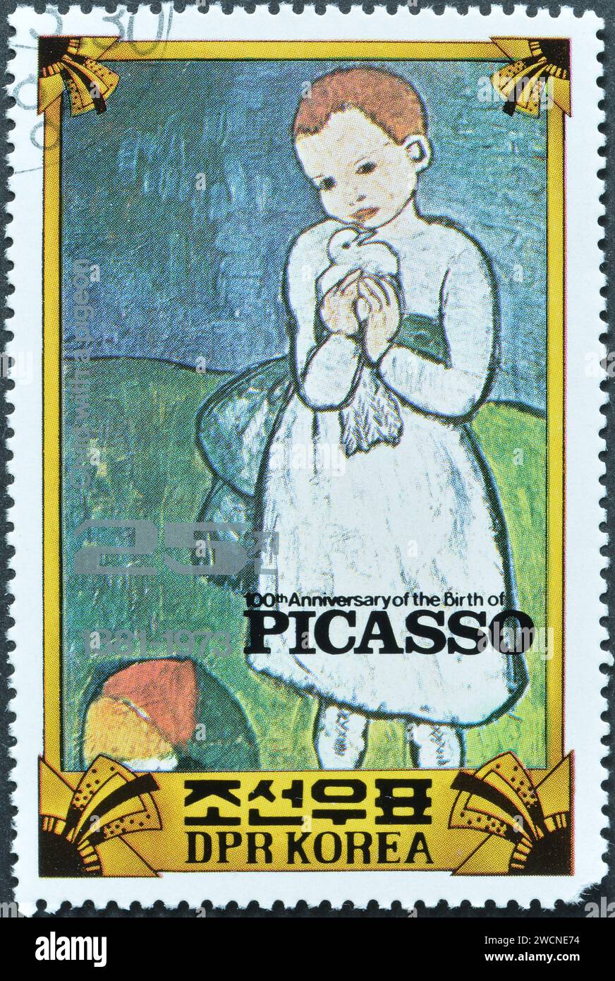Cancelled postage stamp printed by North Korea, that shows painting Child with a Dove by Pablo Picasso, Birth centenary of Pablo Picasso, circa 1982. Stock Photo