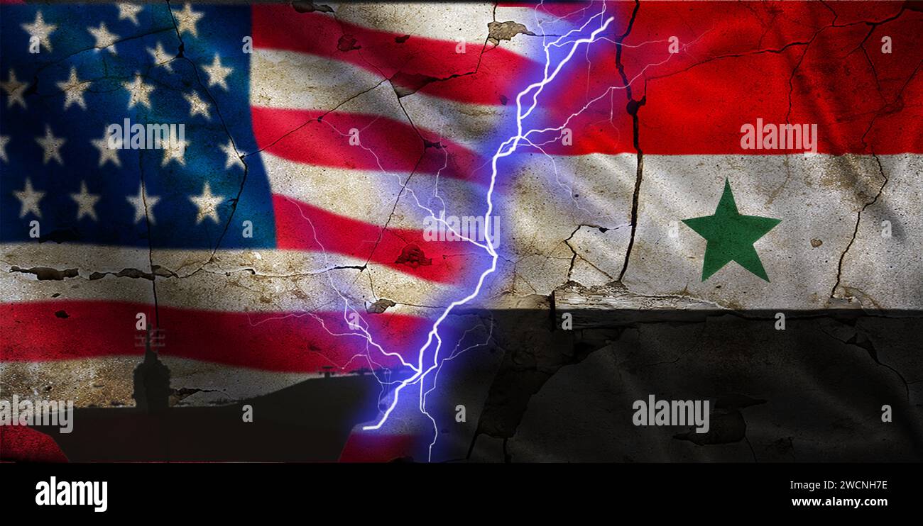 USA vs Yemen flag on a cracked wall. Conflict between the United States and Yemen. Political tension between the United States and Yemen Stock Photo