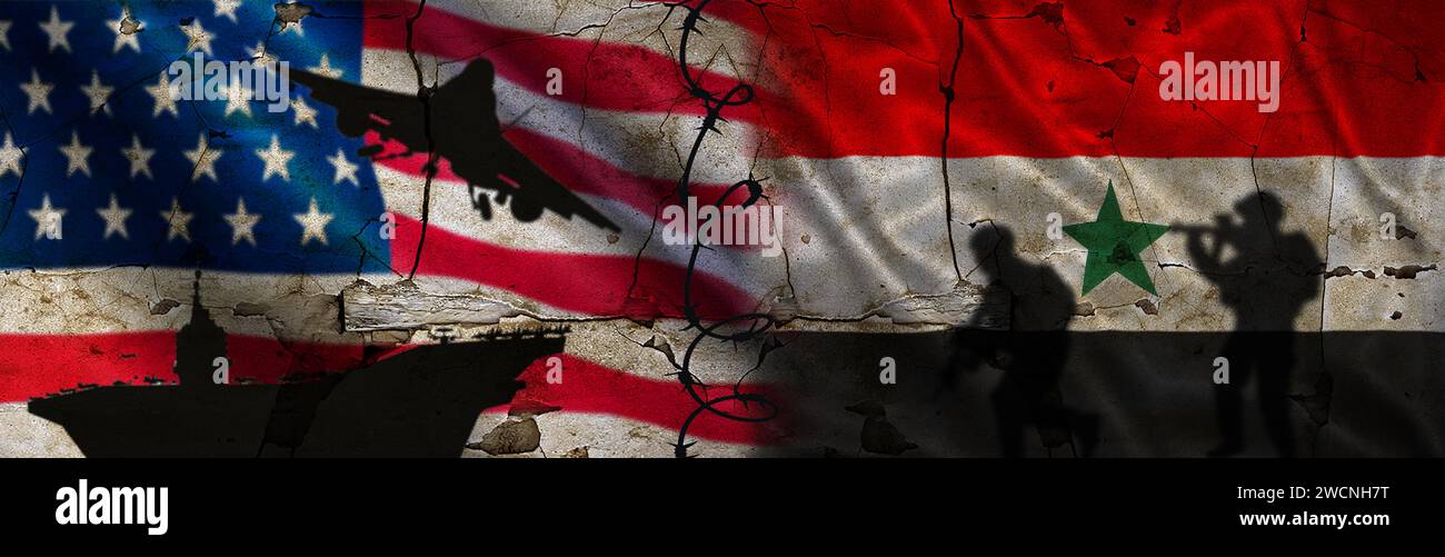Political tension between the United States and Yemen. USA vs Yemen flag on a cracked wall. Conflict between the United States and Yemen Stock Photo