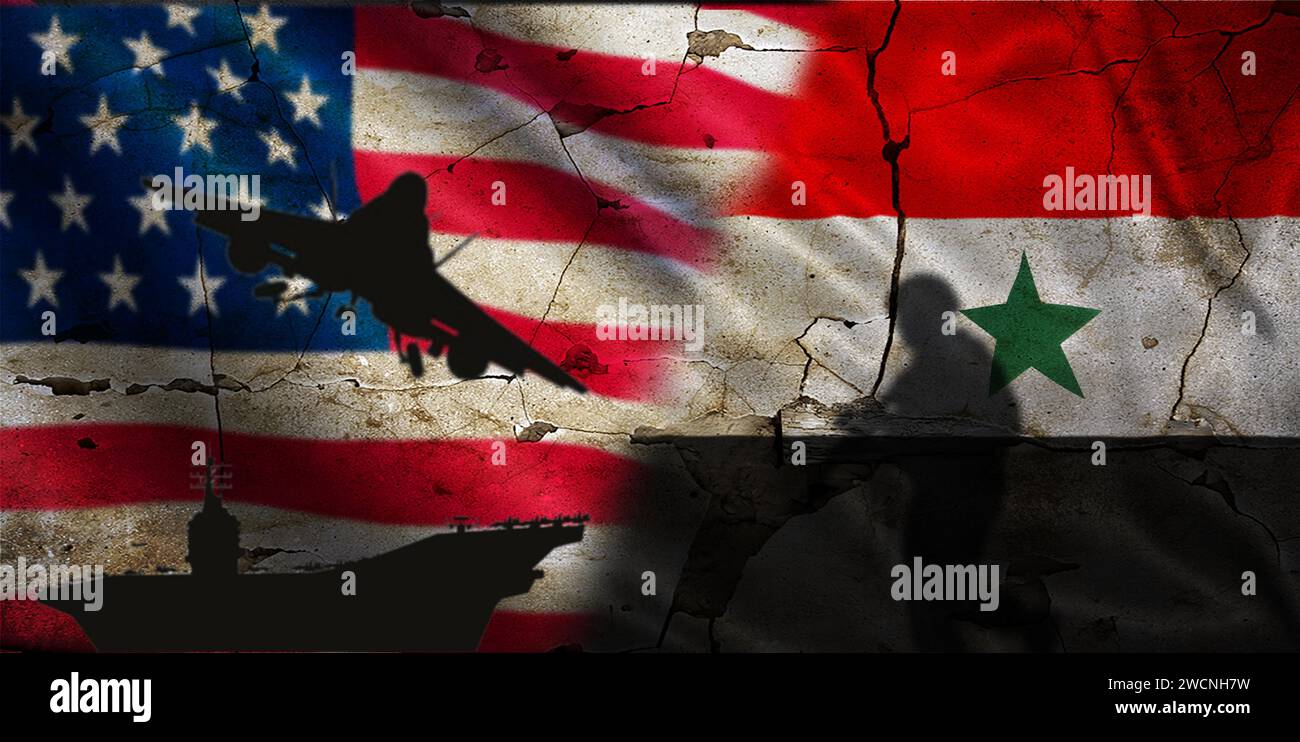 Conflict between the United States and Yemen. Political tension between the United States and Yemen. USA vs Yemen flag on a cracked wall Stock Photo