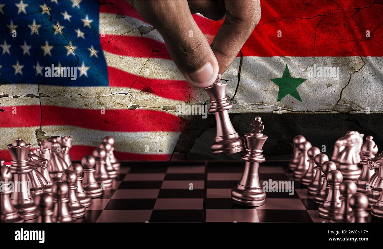 USA vs Yemen flag concept on chessboard. Conflict between USA and Yemen on pieces of chessboard. War between Yemen and USA Stock Photo