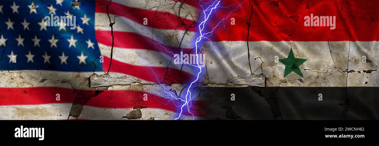 War between the United States and Yemen. USA vs Yemen flag on a cracked wall. Conflict between the United States and Yemen Stock Photo