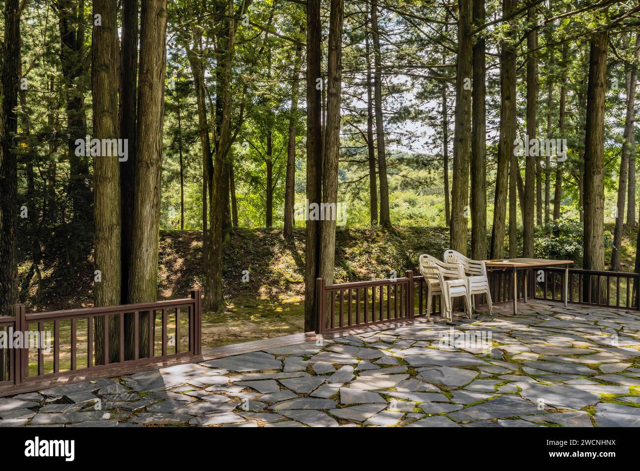 Plastic lawn chairs beside wooden table on large stone and wood patio