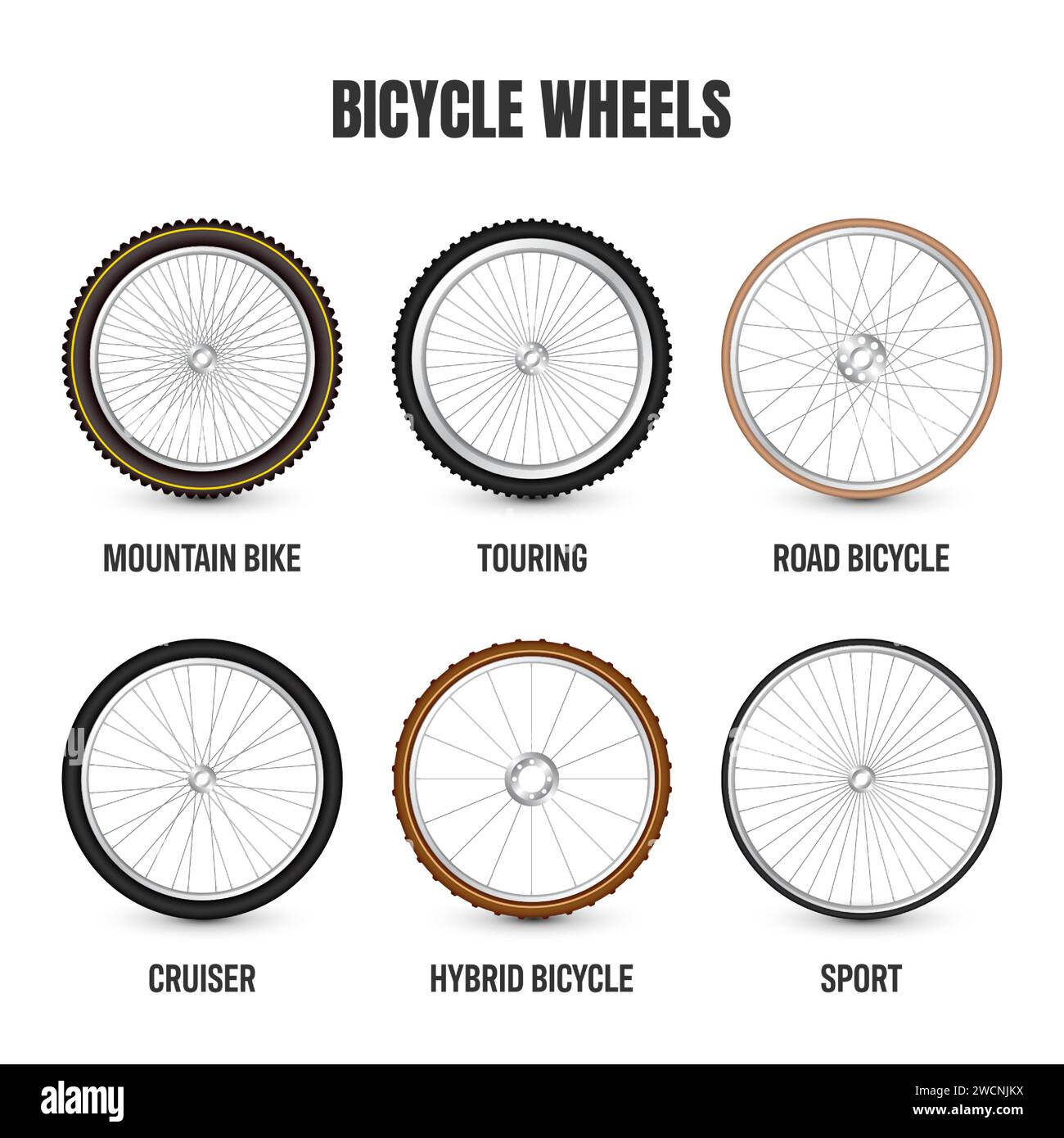 Realistic 3d retro bicycle wheels. Vintage bike rubber tyres, shiny