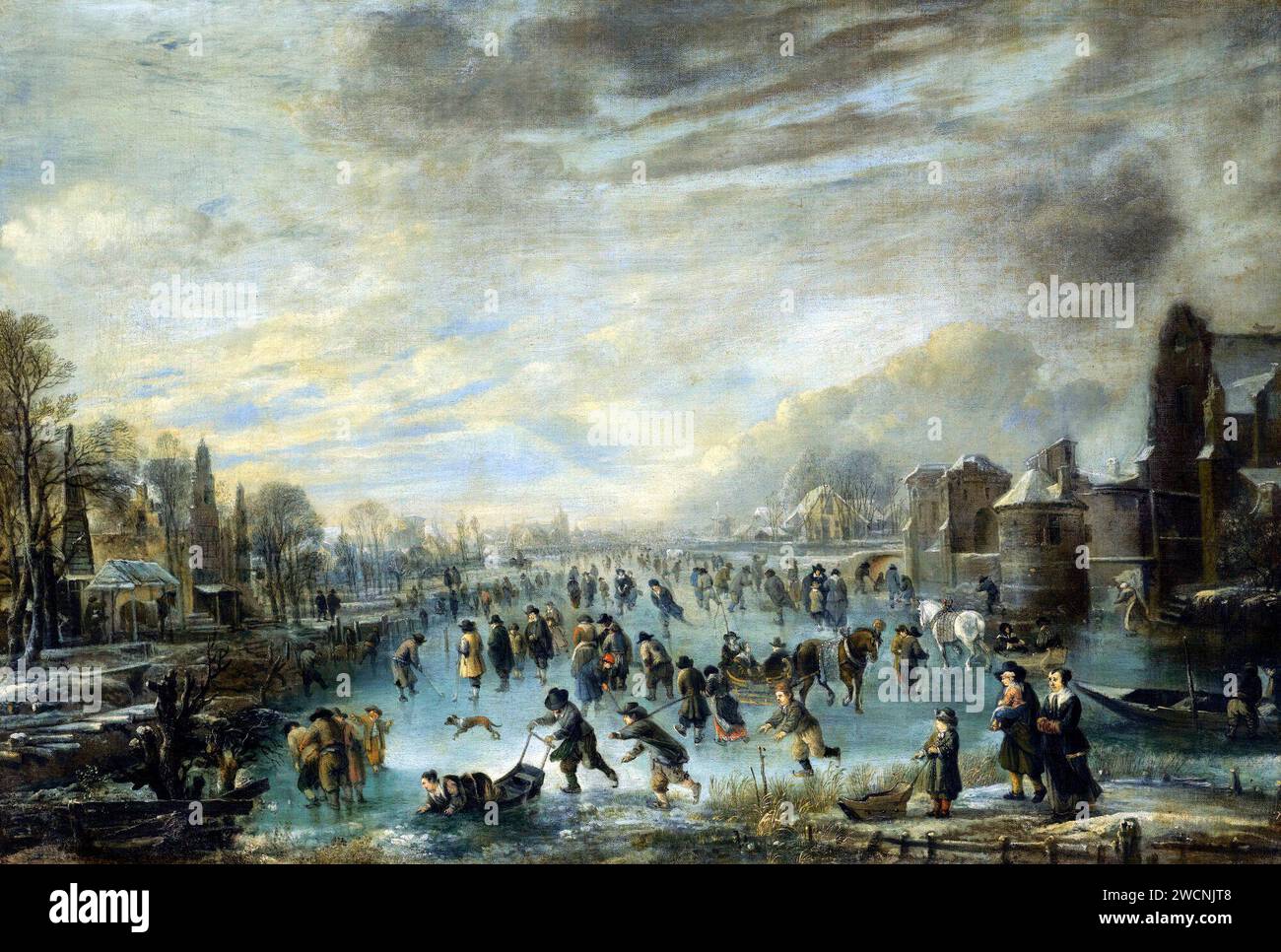 Winter Landscape with Figures, Painting by Aert van der Neer - Stock Photo