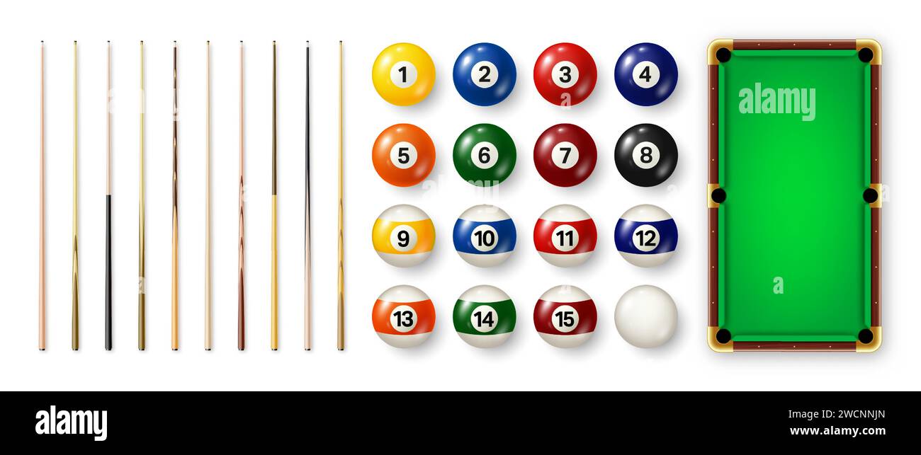 Billiard balls with numbers, various cues and green pool table. Glossy
