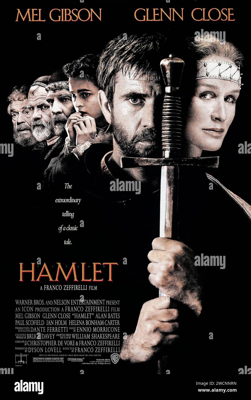 Hamlet (1990) directed by Franco Zeffirelli and starring Mel Gibson, Glenn Close and Alan Bates. Hamlet, Prince of Denmark, finds out that his uncle Claudius killed his father to obtain the throne, and plans revenge. US one sheet poster ***EDITORIAL USE ONLY***. Credit: BFA / Warner Bros Stock Photo